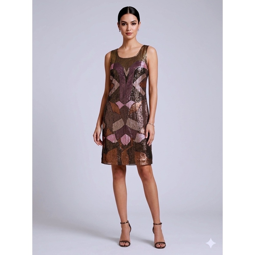 Miss Me Dress Womens Large Sequin Geometric Black Gold Metallic Sleeveless Party